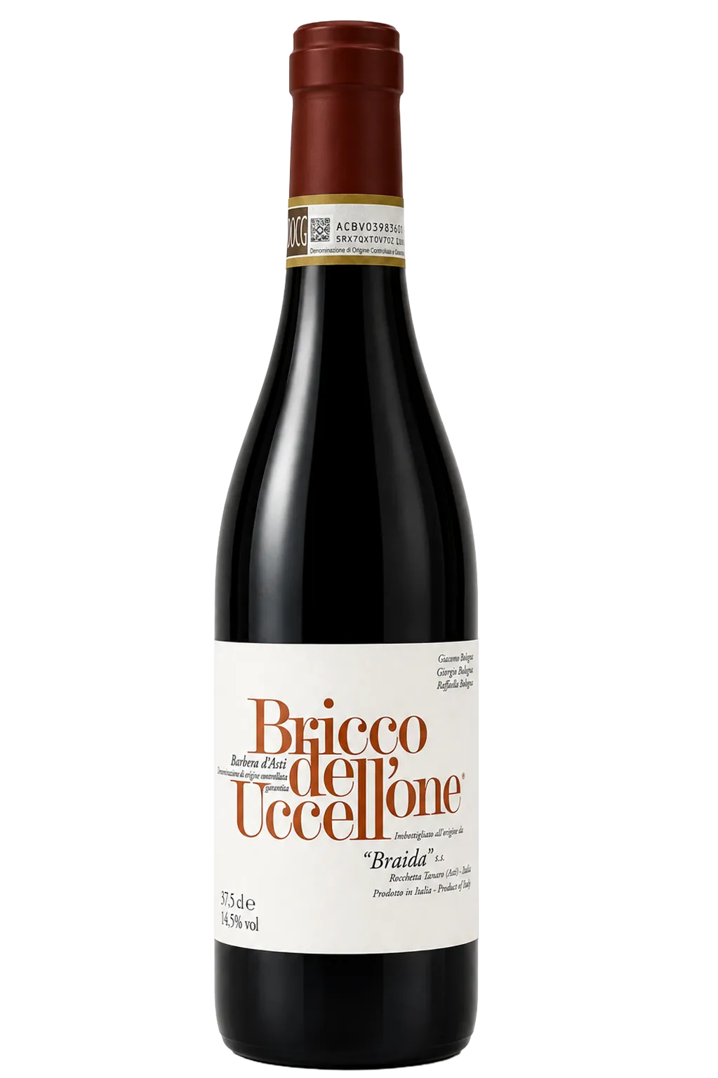 Halbeflasche Rotwein Braida Bricco dell'Uccellone Barbera d'Asti (37,5 cl, 14,5 % vol) vor weißem Hintergrund.