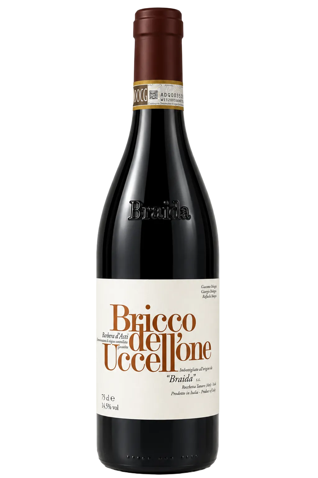 Flasche Rotwein Braida Bricco dell'Uccellone Barbera d'Asti (75 cl, 14,5 % vol) vor weißem Hintergrund.