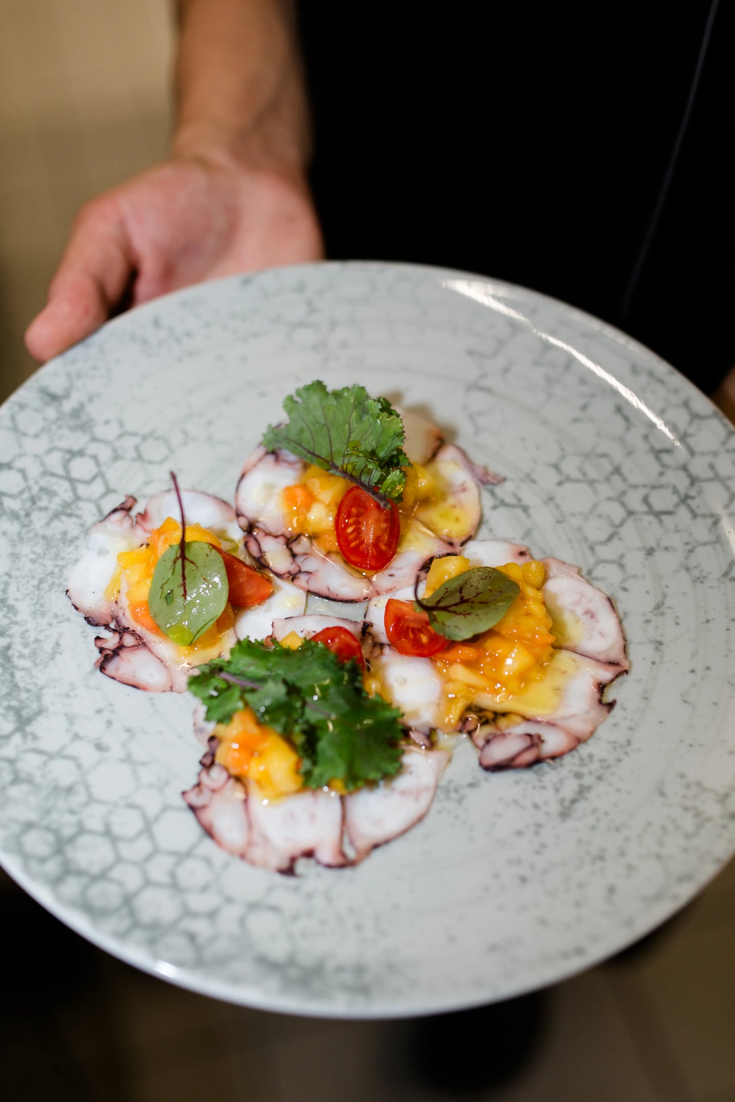 Eine Kaltvorspeise aus dem Restaurant Buonissimo Neu-Ulm: Vier hauchfeine Scheiben Oktopus-Carpaccio, serviert auf einem gemusterten, hellgrauen Keramikteller, der von einer Hand gehalten wird. Jede Scheibe ist mit einer gelb-orangefarbenen Frucht-Salsa, halbierten Kirschtomaten und frischen Microgreens garniert.
