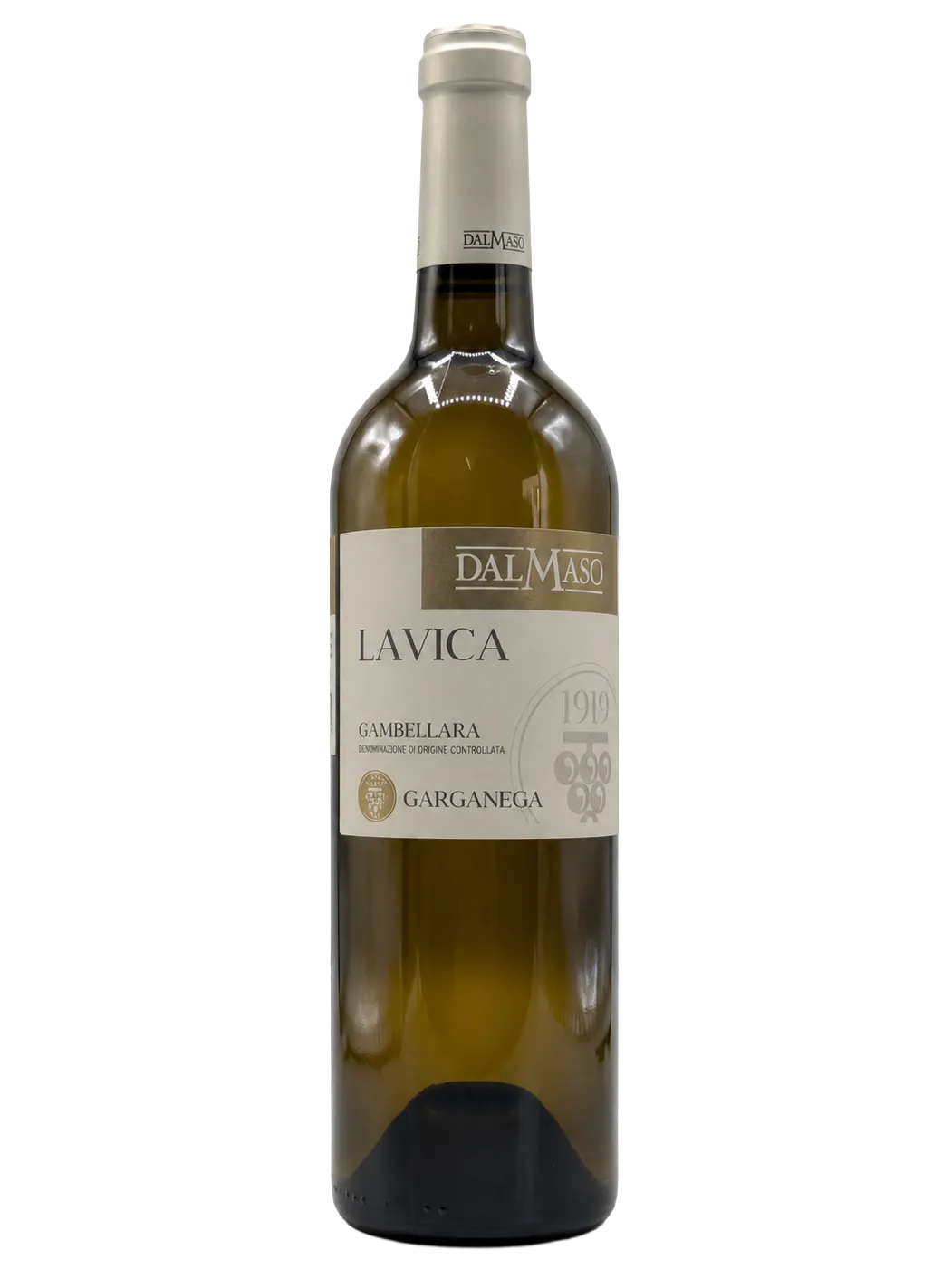 Flasche Gambellara La Vica in hellgrün, beiges Etikett mit goldenem Logo von DalMaso.
