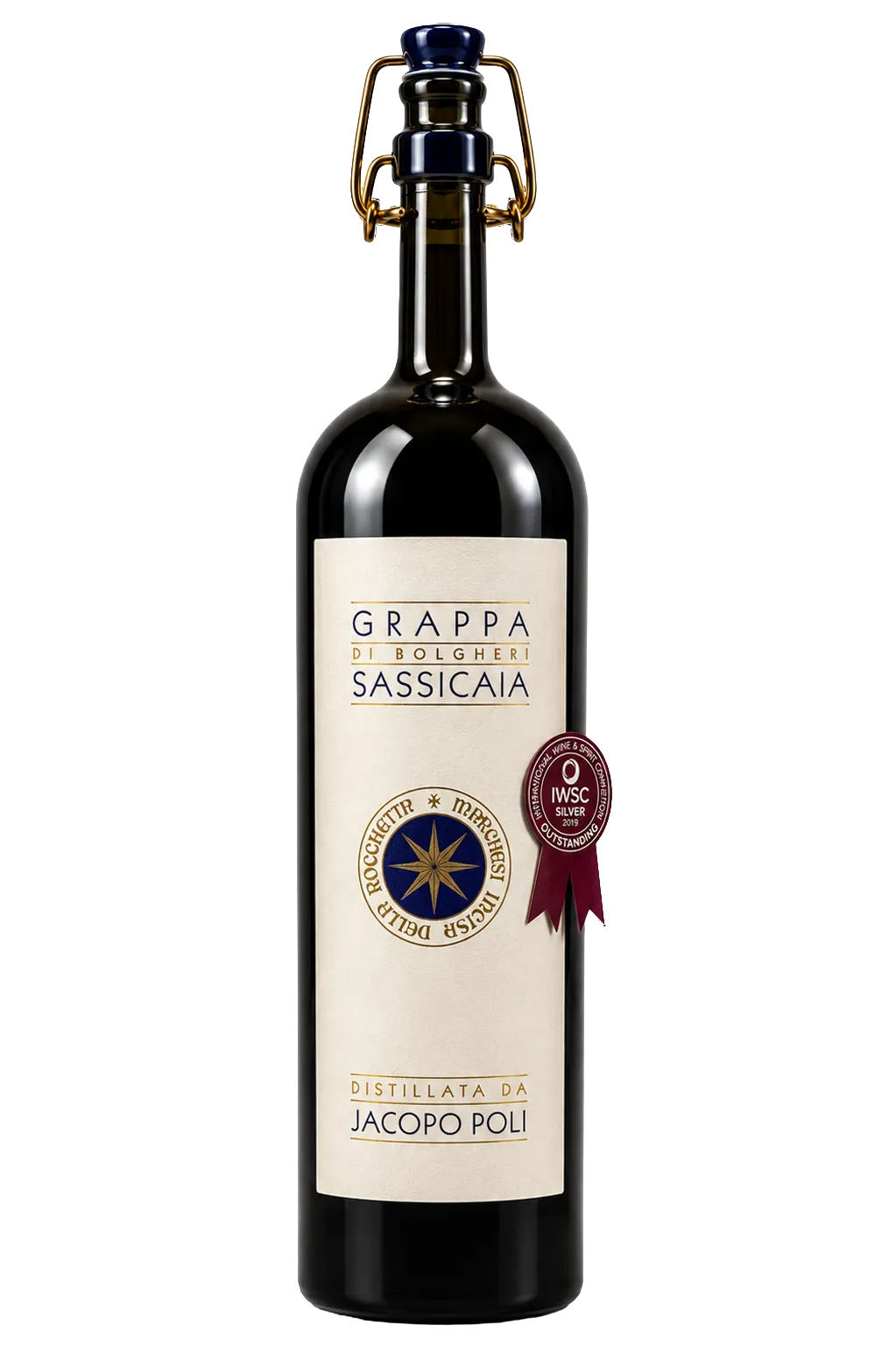 Dunkle Flasche Poli Grappa di Bolgheri Sassicaia mit Bügelverschluss und cremefarbenem Etikett.