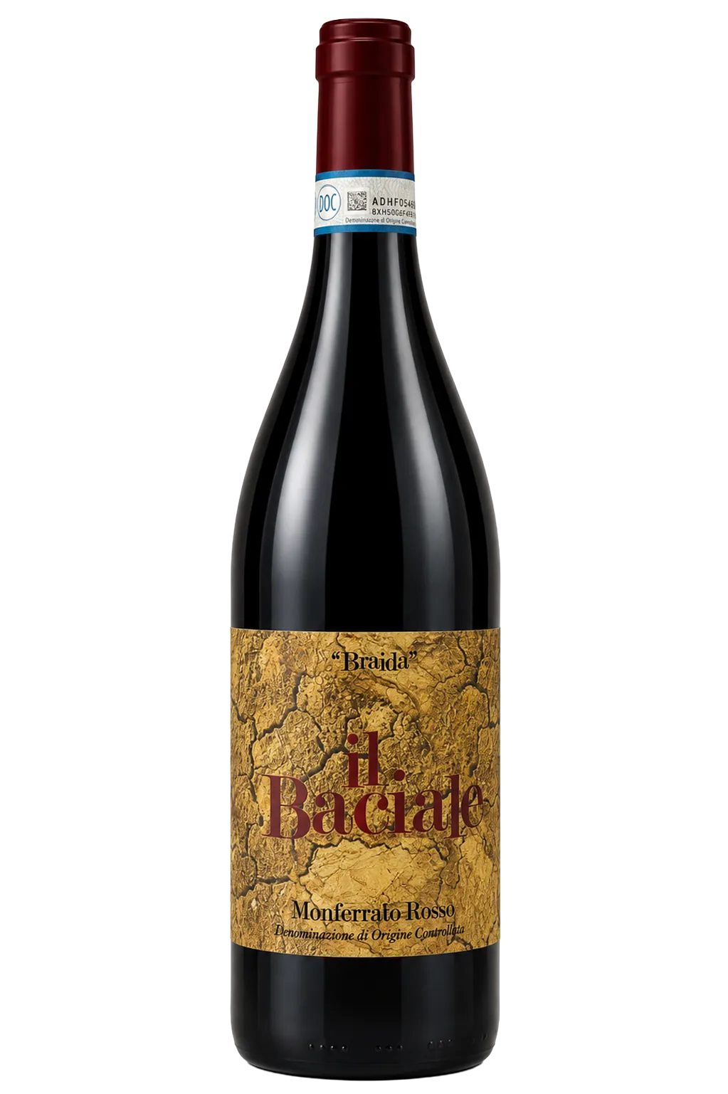 Flasche Rotwein Braida Il Bacialè Monferrato Rosso DOC vor weißem Hintergrund.