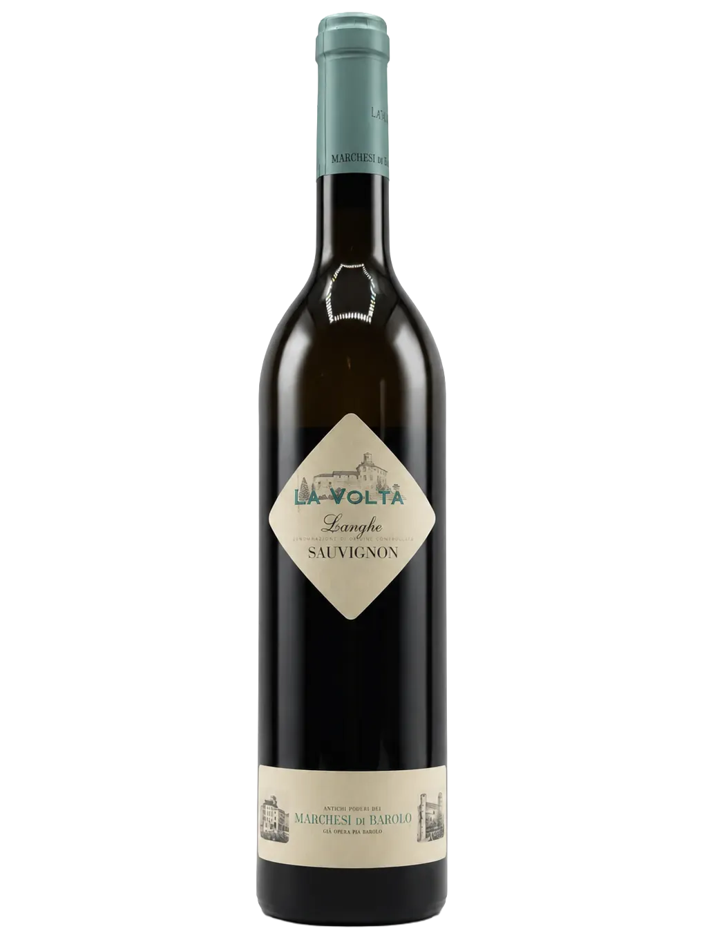 Weißwein Flasche mit Türkiser Kapsel und dem Etikett mit der Aufschrift  La Volta Langhe Sauvignon von Marchesi di Barolo.