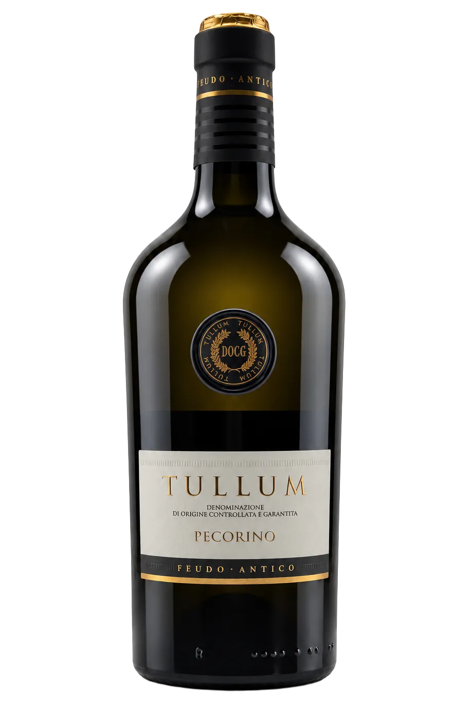 Eine bräunliche Flasche Tullum Pecorino von Feudo Antico. Das Etikett ist grau beige mit goldener Schrift gehalten.